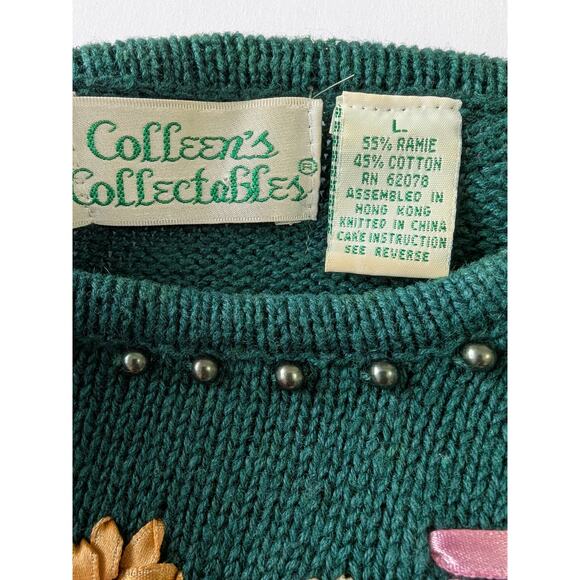 VTG Grandma Sweater Colleens Collectables Size L Green Floral Embroidered Beaded - Picture 5 of 8